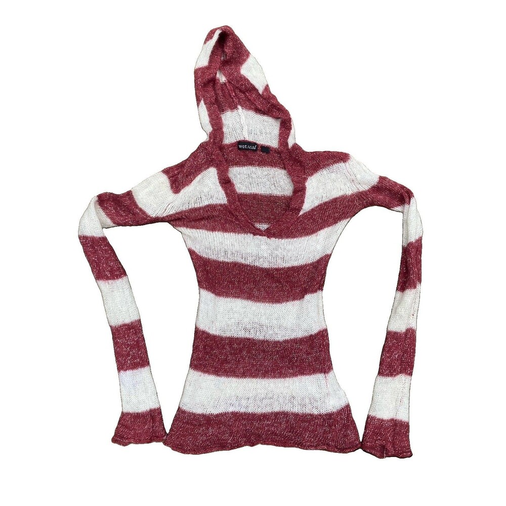 Y2K Wet Seal Hooded V-Neck Sweater Jrs Size Small Red Maroon White Preppy